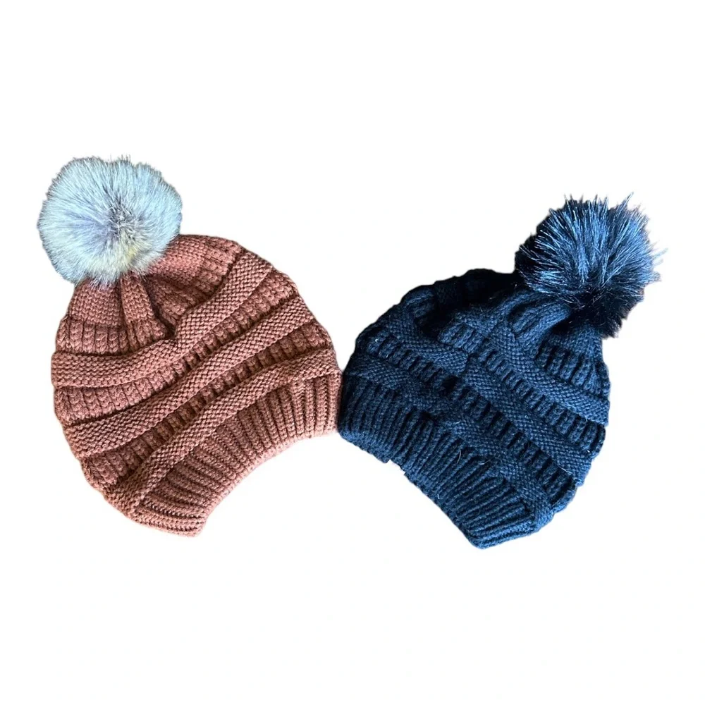 QUEENFUR‎ BEANIES- 1)Solid Black & 1) Solid Brown- both with removable pom poms